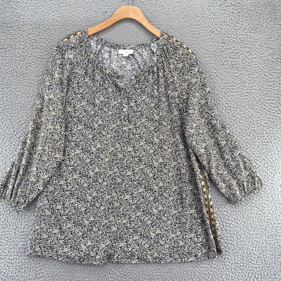 J Jill Top Womens Medium Ivory Black Floral 1/4 Button Long Sleeve Stretch Knit - Picture 1 of 10